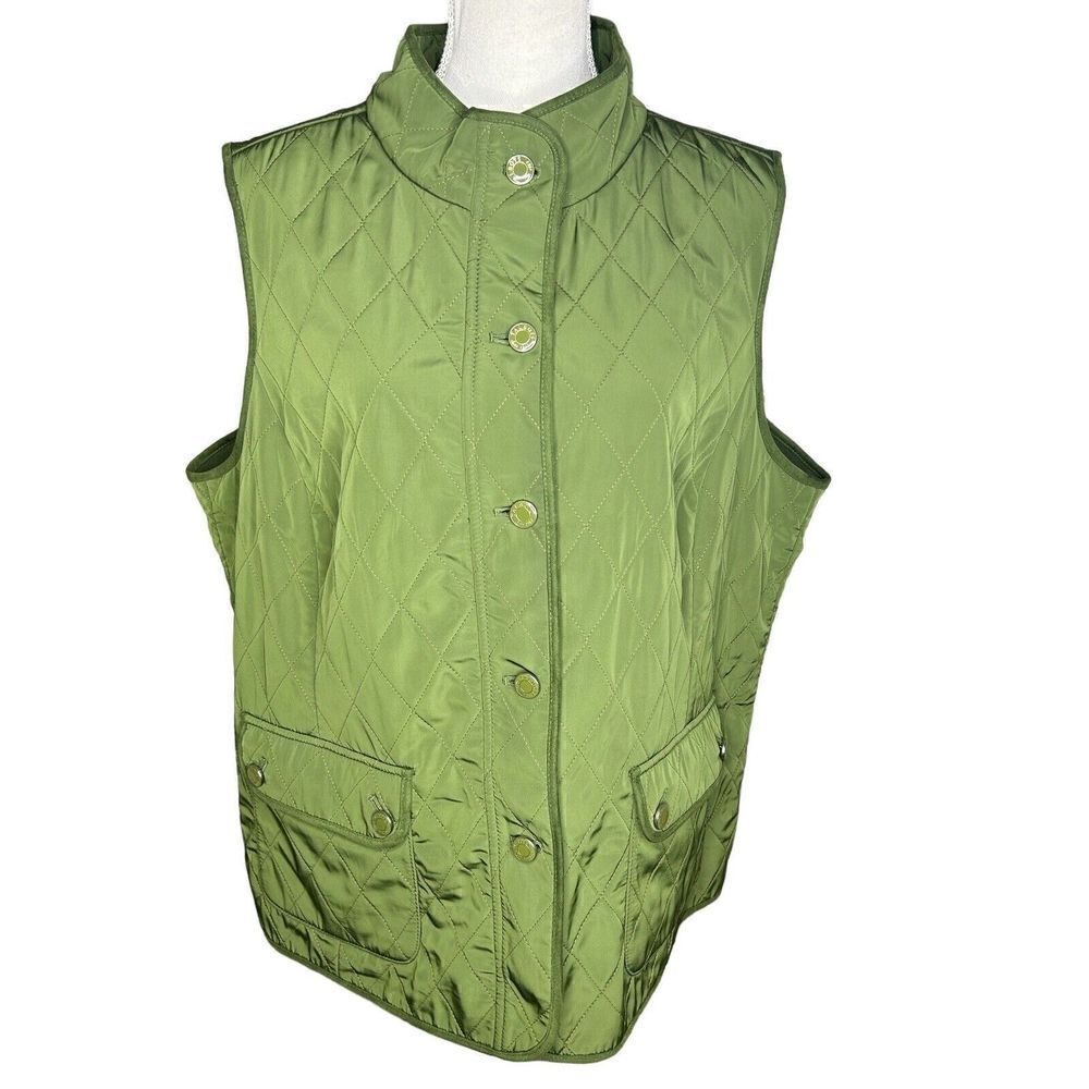 Talbots Women’s Moss Green Sleeveless Quilted Fleece Lining Button Up Vest 2XL